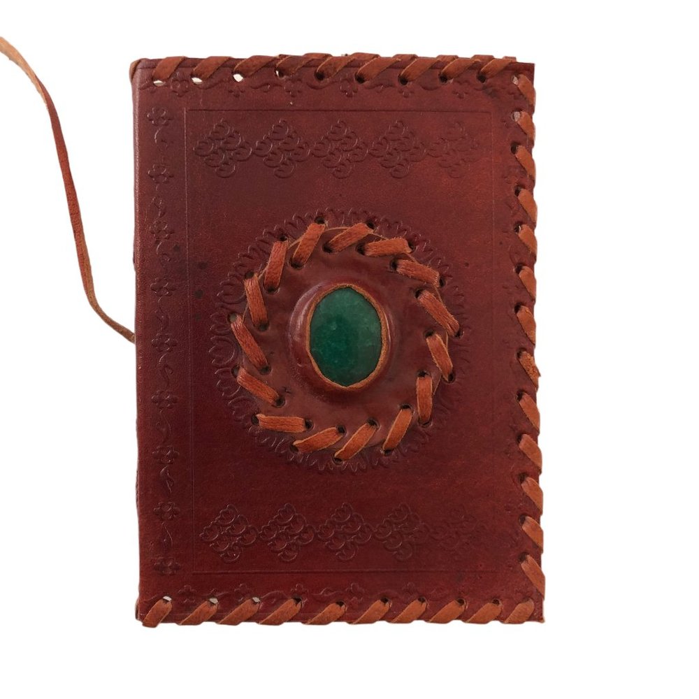 Leather Mahogany Woven Embossed Wrap Green Stone Journal